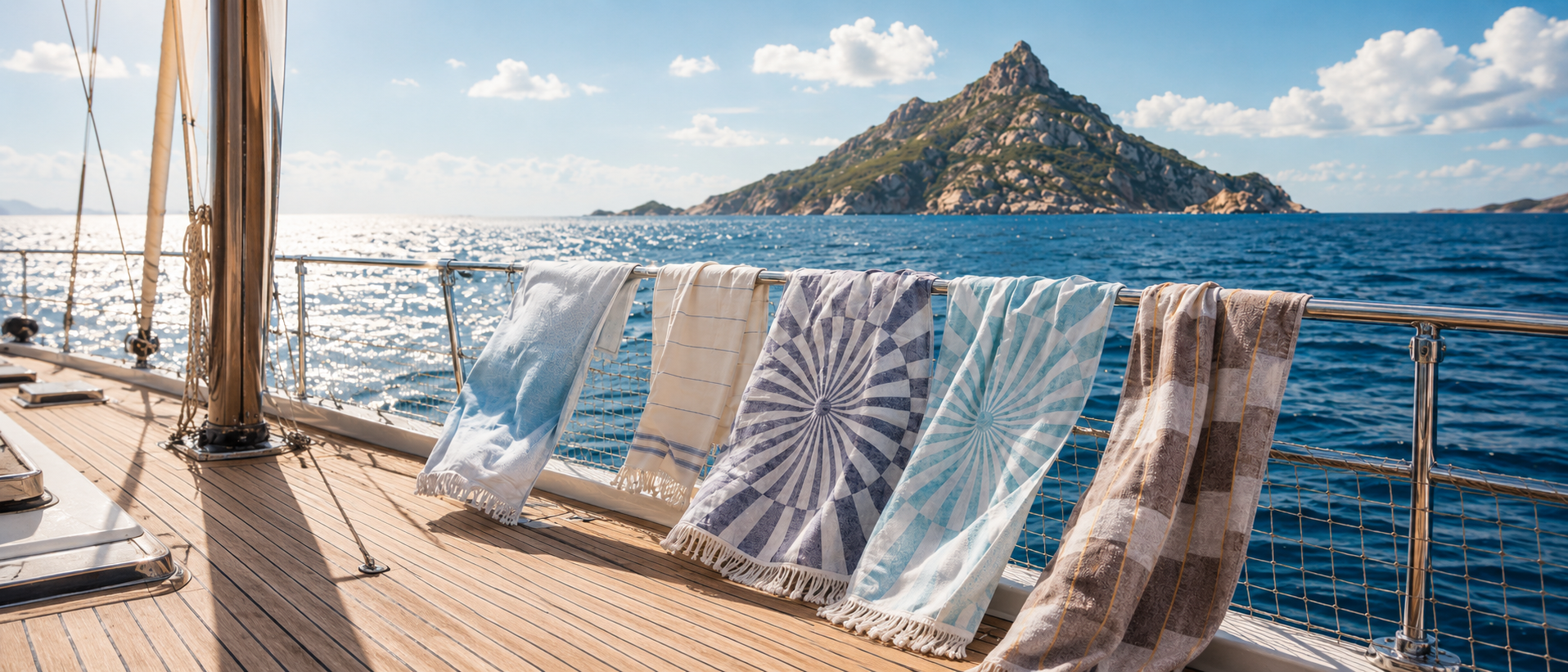 Hochwertige, gemusterte Hamamtücher und Strandtücher der Ecobain Liberty Series an der Reling einer Segelyacht. Im Hintergrund das blaue Meer, Sonnenschein und eine Insel.