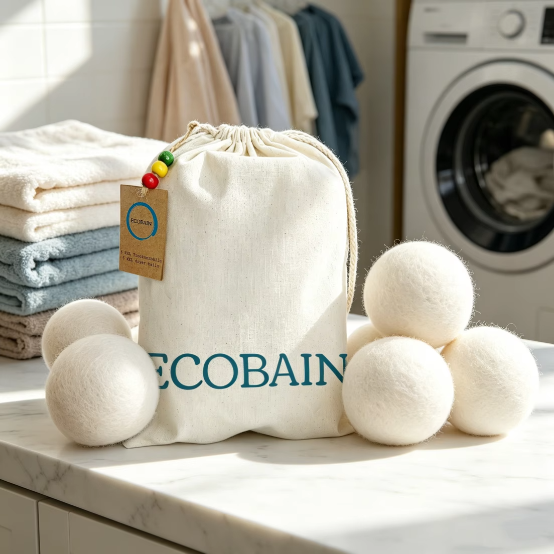 Ecobain Trocknerbälle aus Schafwolle in einer hellen Waschküche. Die weißen Bälle liegen neben ihrem Aufbewahrungsbeutel auf einer Marmorplatte, im Hintergrund ist eine Waschmaschine und frisch gewaschene Wäsche zu sehen, was die praktische Anwendung im Alltag zeigt