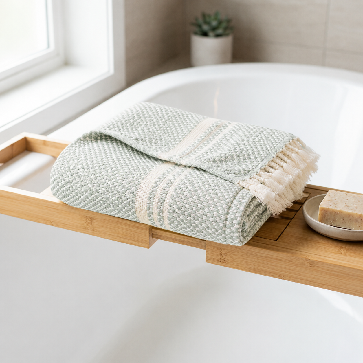 Großflächiges Ecobain Badelaken der Bathroom Series, entspannt über den Rand einer modernen Badewanne drapiert. Die Kombination aus traditioneller Webkunst und hochwertiger, gekämmter Baumwolle macht das Tuch zum idealen Begleiter für dein tägliches Home-Spa-Erlebnis. Ein plastikfreies, ressourcenschonendes Luxus-Accessoire, das durch extreme Saugkraft, schnelle Trocknung und ein natürliches Hautgefühl besticht – die smarte und nachhaltige Alternative zu schwerem Frottee.