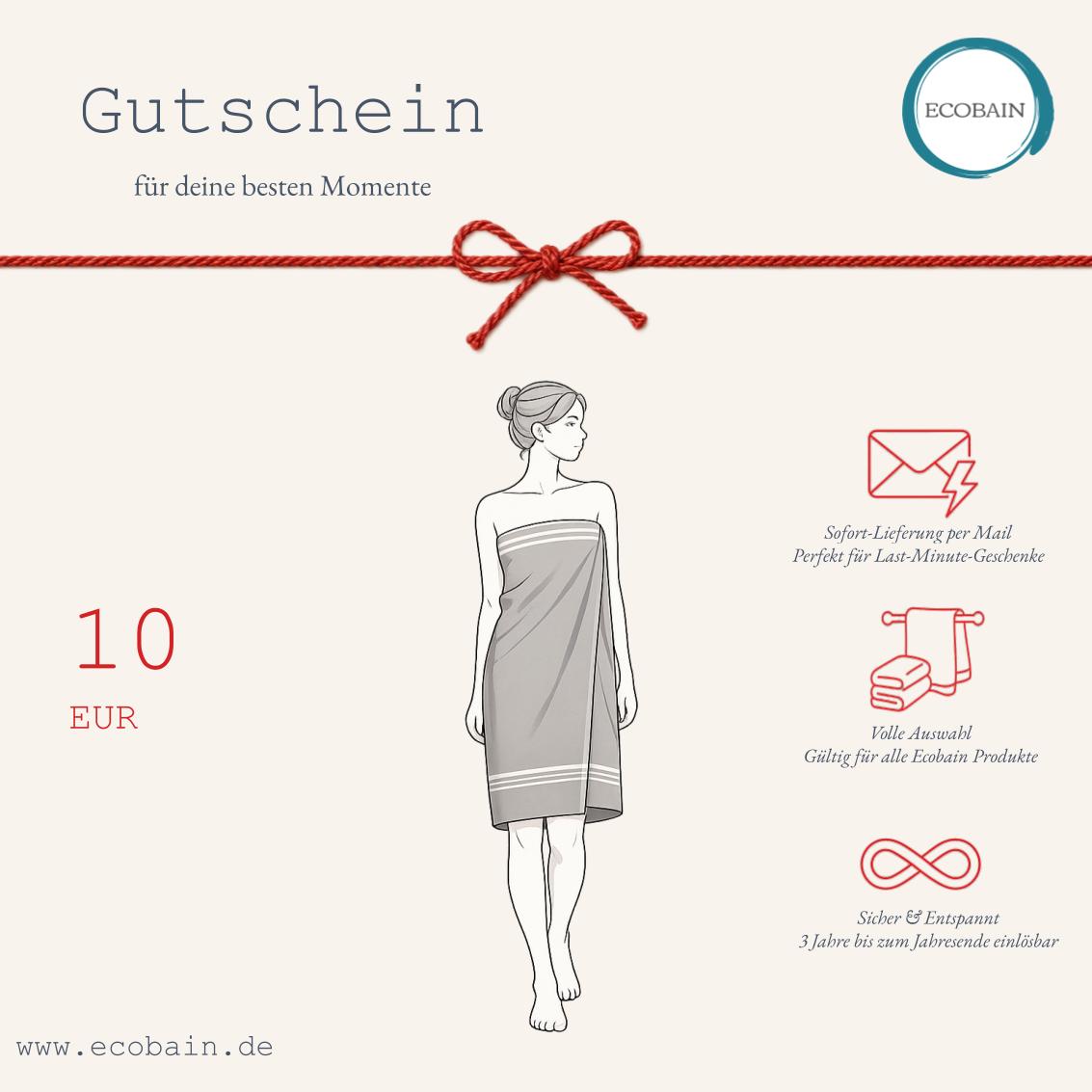 Ecobain Geschenkgutschein über 10 Euro als digitales Last Minute Geschenk für nachhaltige Handtücher. Minimalistische Infografik mit roter Schleife, einer Frauen Illustration im Saunatuch und Icons für Sofort Lieferung per E Mail für die gesamte Kollektion.