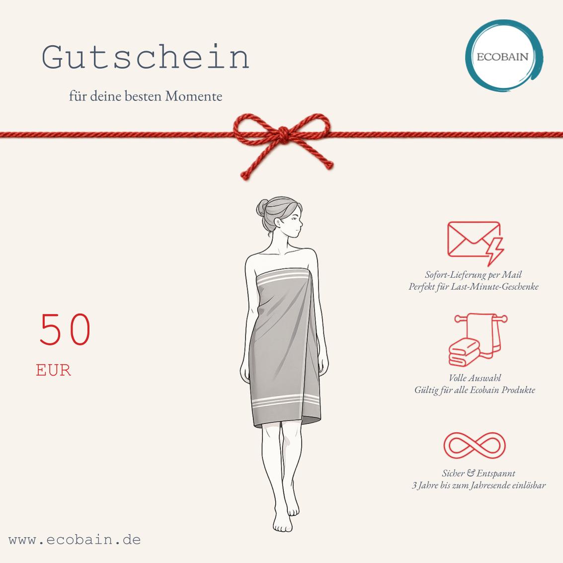 Nachhaltiger Ecobain Geschenkgutschein über 50 Euro für die Liberty und Bathroom Series Handtücher ohne Plastik. Premium Online Gutschein zum Ausdrucken auf beigem Hintergrund mit edler Schreibmaschinenschrift und Icons für unkomplizierte Sofort Zustellung.
