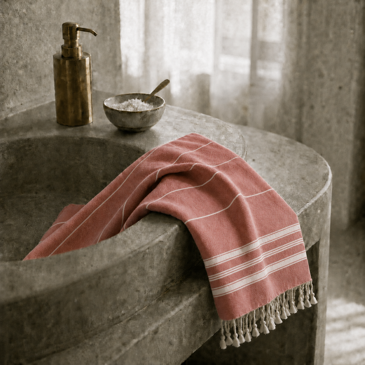Ein elegant über den Wannenrand drapiertes Ecobain Hamamtuch der Liberty Series im Design 'New Classic'. Die warme Farbnuance 'Burnt Brick' verleiht dem hellen, modernen Badezimmer eine behagliche Spa-Atmosphäre. Gefertigt aus 100 % gekämmter Baumwolle, besticht dieses ressourcenschonende Textil durch seine luftige Webart, die Feuchtigkeit optimal aufnimmt und in Rekordzeit trocknet. Als smarte, platzsparende und komplett plastikfreie Alternative zu schwerem Frottee bringt es pure Leichtigkeit und ein absol