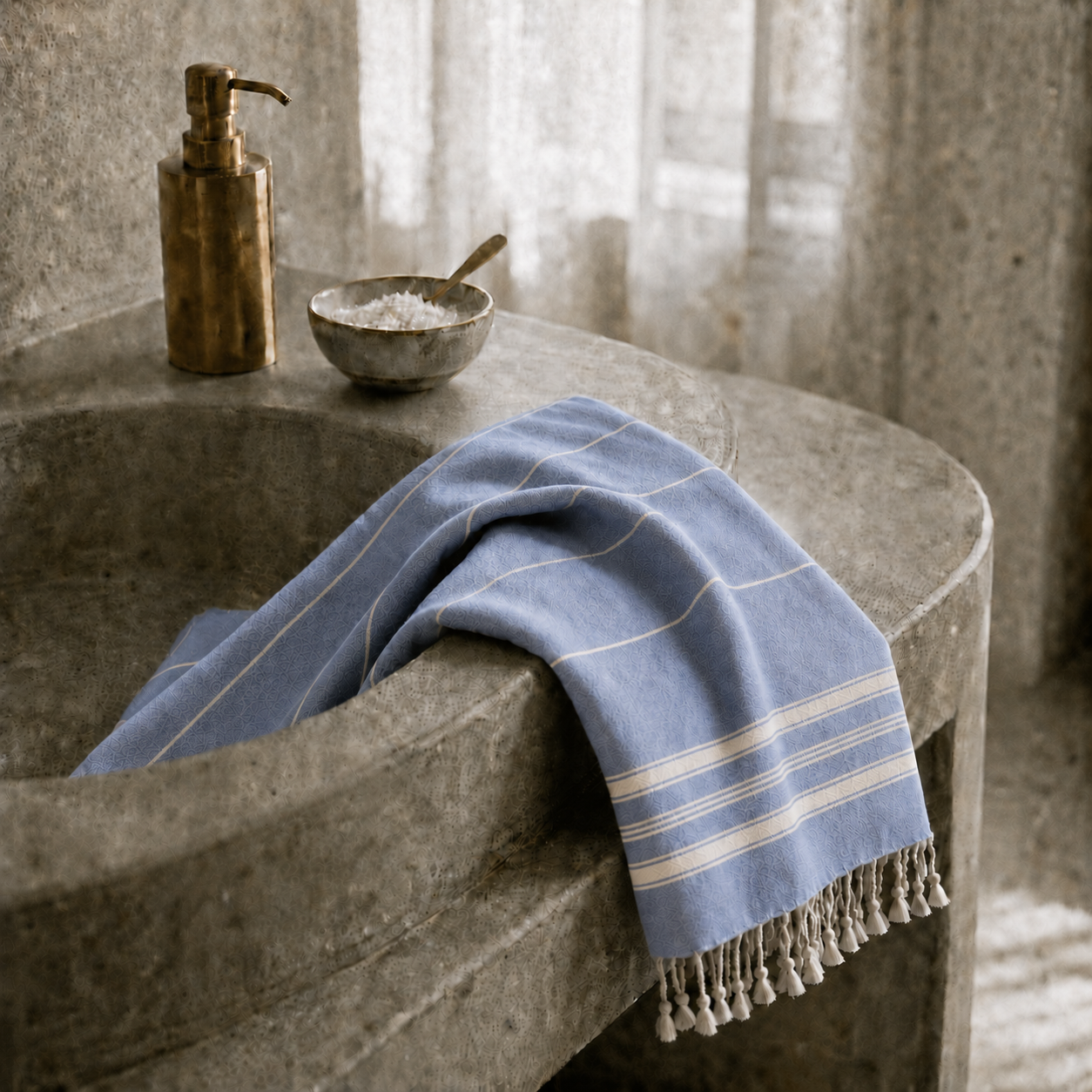 Ein elegant über den Rand einer modernen, freistehenden Badewanne drapiertes Ecobain Hamamtuch der Liberty Series im Design 'New Classic'. Die tiefe, beruhigende Farbnuance 'Deep Tide' bringt eine klare und entspannende Spa-Atmosphäre in das helle Badezimmer. Gefertigt aus 100 % langstapeliger, gekämmter Baumwolle, überzeugt dieses ressourcenschonende Textil durch seine smarte, luftige Webart. Es nimmt Feuchtigkeit extrem schnell auf und trocknet in Rekordzeit. Als platzsparende und komplett plastikfreie Al