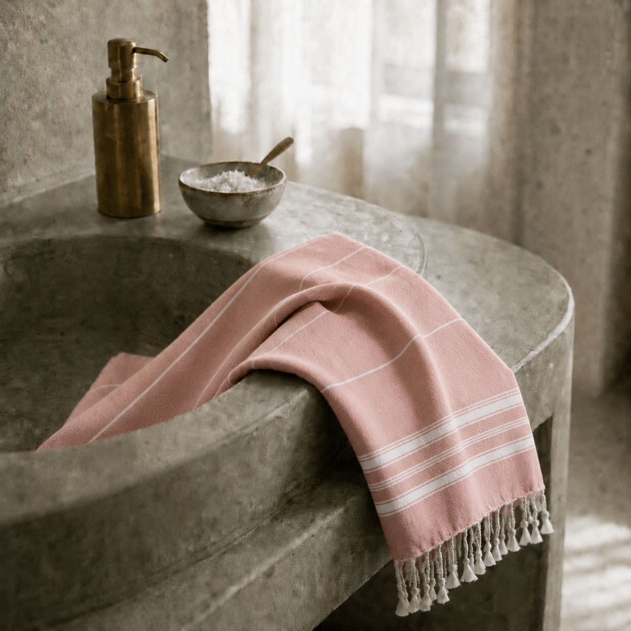 Warme Harmonie für Spa und Yoga-Retreat. Ein modernes Badezimmer präsentiert das Ecobain Hamamtuch 'Second Kiss' der Liberty Series. Das sanfte Altrosa im Design 'New Classic' strahlt pure Behaglichkeit aus. Gewebt aus 100 % gekämmter Baumwolle, ist dieses ressourcenschonende Premium-Textil extrem platzsparend und trocknet rasant. Die smarte, plastikfreie Alternative zu Frottee, die deine Waschmaschine schont und dir ein absolut reines Hautgefühl schenkt. Leichtigkeit für jeden Moment.