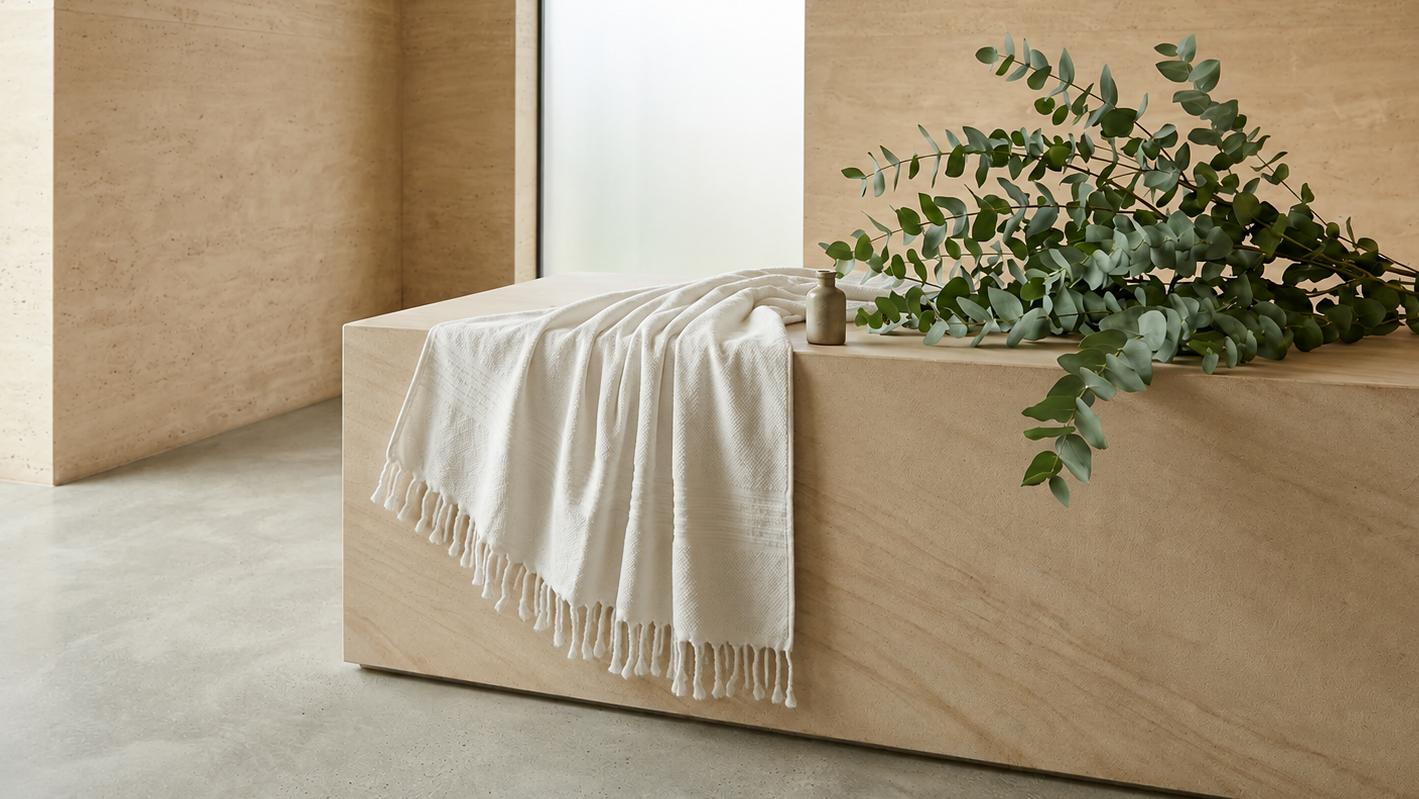 Ecobain Hamamtuch der Liberty Series im Design 'Faded', kunstvoll auf einem rustikalen Steinboden in einem modern gestalteten Badezimmer in Szene gesetzt. Die feine, traditionelle Webstruktur der hochwertigen, gekämmten Baumwolle kontrastiert harmonisch mit der harten Textur des Steins. Ein stilvolles, plastikfreies und ressourcenschonendes Accessoire, das den Anspruch an natürliche Eleganz und kompromisslose Premium-Qualität für ein gehobenes Home-Spa-Ambiente perfekt unterstreicht.