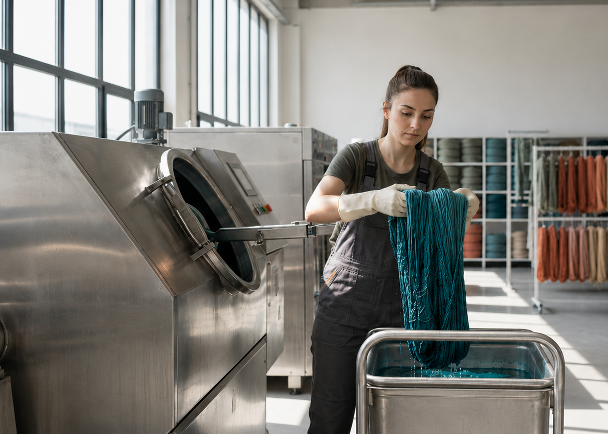 Nahaufnahme der feinen Textilstruktur eines Ecobain-Handtuchs, die die außergewöhnliche Farbintensität und Gleichmäßigkeit der garngefärbten Naturfasern verdeutlicht. Durch das hochwertige Verfahren der Garnfärbung vor dem Weben erzielen wir eine deutlich höhere Farbstabilität und sattere Töne, die auch nach vielen Waschgängen lebendig bleiben. Ein sichtbarer Beleg für unsere kompromisslose Materialqualität und Sorgfalt – für ein Badezimmer-Accessoire, das durch ästhetische Tiefe, Langlebigkeit und natürlic