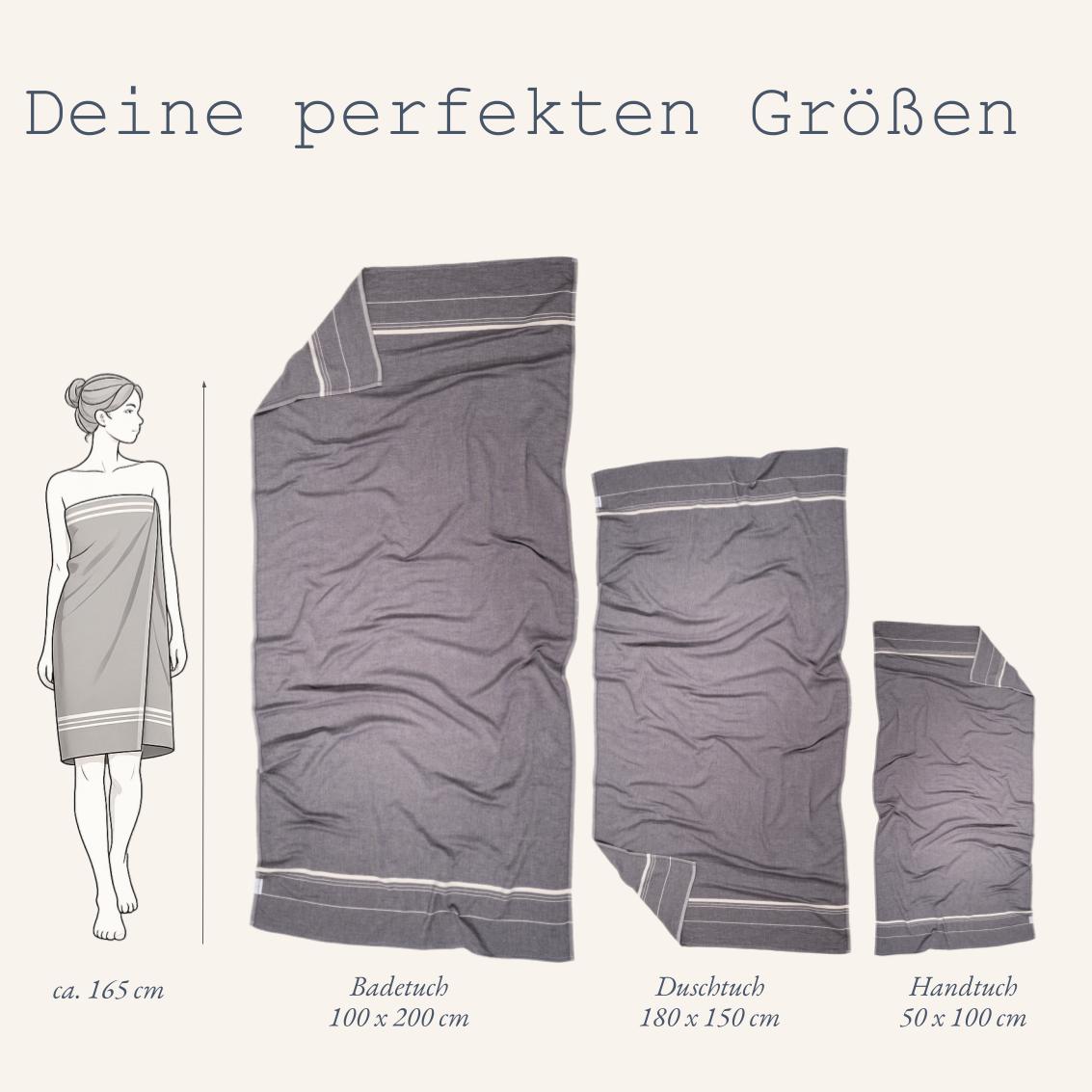 Die drei perfekt passenden Größen des Ecobain Hybrid Towels in magic mermaid: Zentimeter-Angaben für Handtuch, Duschtuch und Badetuch in elegantem Salbeigrün neben einer Körpersilhouette. Schadstofffreies Premium-Wendetuch, das die Leichtigkeit eines Hamamtuches mit Frottee verbindet.