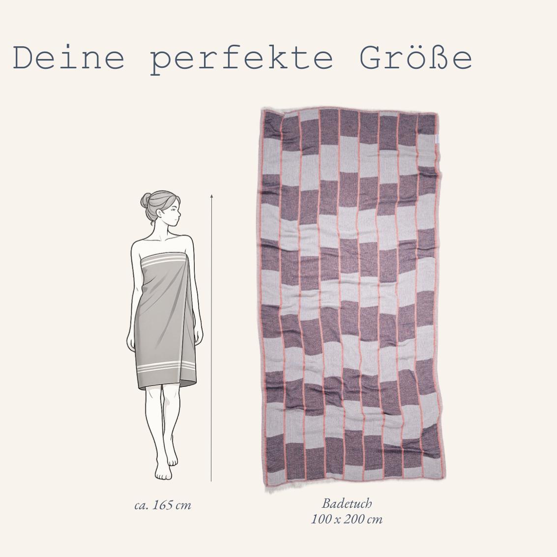 Größenfinder für das Ecobain Crazy Chess Towel in Mustard Seed: Visueller Abgleich des großen Strand- und Saunatuches in den Maßen 100x200 cm im Verhältnis zu einer Silhouette. Dreilagiges Jacquard-Musselin-Tuch aus 100% Baumwolle mit senfgelben Akzentlinien – ideal als sandfreies, schnelltrocknendes Strandtuch.
