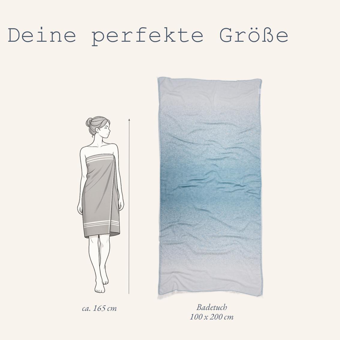 Größenchart für das elegante Ecobain Faded Towel in Midnight Anchor: Visuelle Darstellung der Badetuch-Größe 100x200 cm zur einfachen Orientierung im Online-Shop. Platzsparendes Luxus-Webtuch aus 100% gekämmter Baumwolle mit feinem dunkelblauem Ombré-Effekt und Open End Fransen.