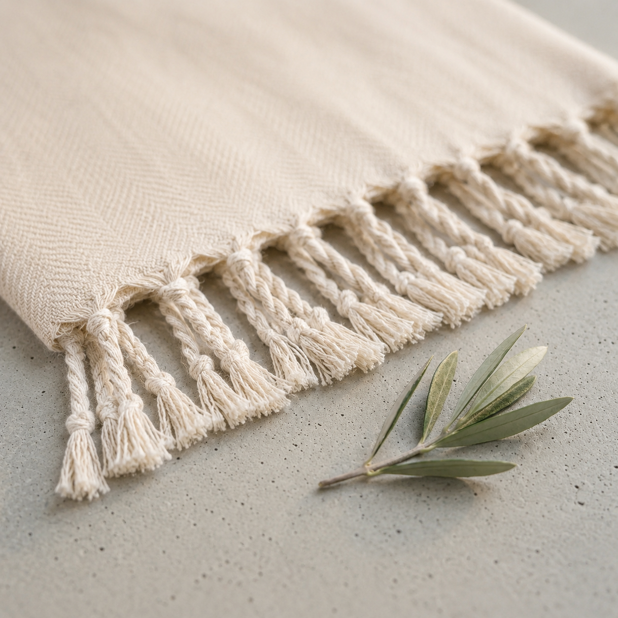 Nahaufnahme der traditionell handgeknüpften Fransen an einem Ecobain Hamamtuch der Liberty Series. Das Bild zeigt die authentische Handwerkskunst und die Liebe zum Detail, die in jedem unserer ressourcenschonenden Tücher aus gekämmter Baumwolle steckt. Diese hochwertige Verarbeitung sichert eine extreme Langlebigkeit und macht das Tuch zu einem robusten Begleiter für all deine Erlebnisse. Eine plastikfreie und smarte Alternative zu schwerem Frottee, die Tradition und höchsten Komfort für dein Home-Spa verei
