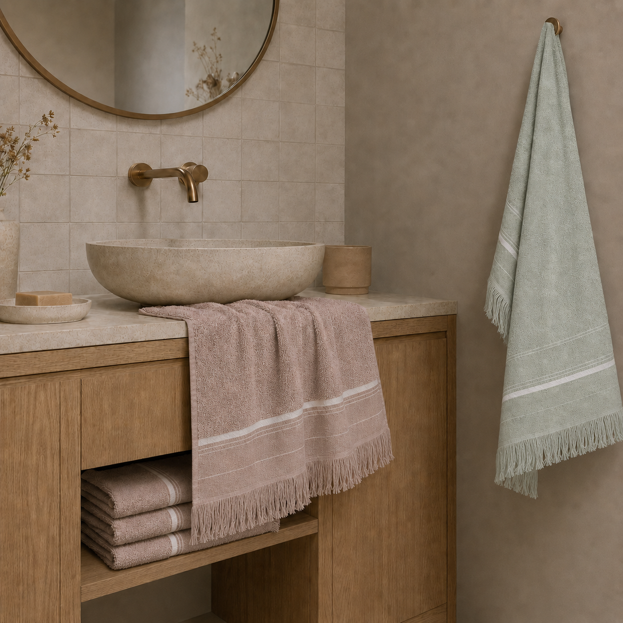 Das Ritual für Gäste: wie zu Hause fühlen mit dem Hybrid Towel
Die Familie liebt es, das eigene Zuhause für Freunde und Verwandte zu öffnen. Wer zu Gast ist, soll sich vom ersten Moment an geborgen fühlen. Da viele Menschen das klassische Volumen von Frottee schätzen, liegt im Gästebad das Ecobain Hybrid Towel bereit. Es schlägt die ideale Brücke. Die eine Seite verwöhnt mit dem gewohnten, weichen Gefühl von klassischem Frottee, während die andere Seite  extrem leicht und glatt gewebt ist.