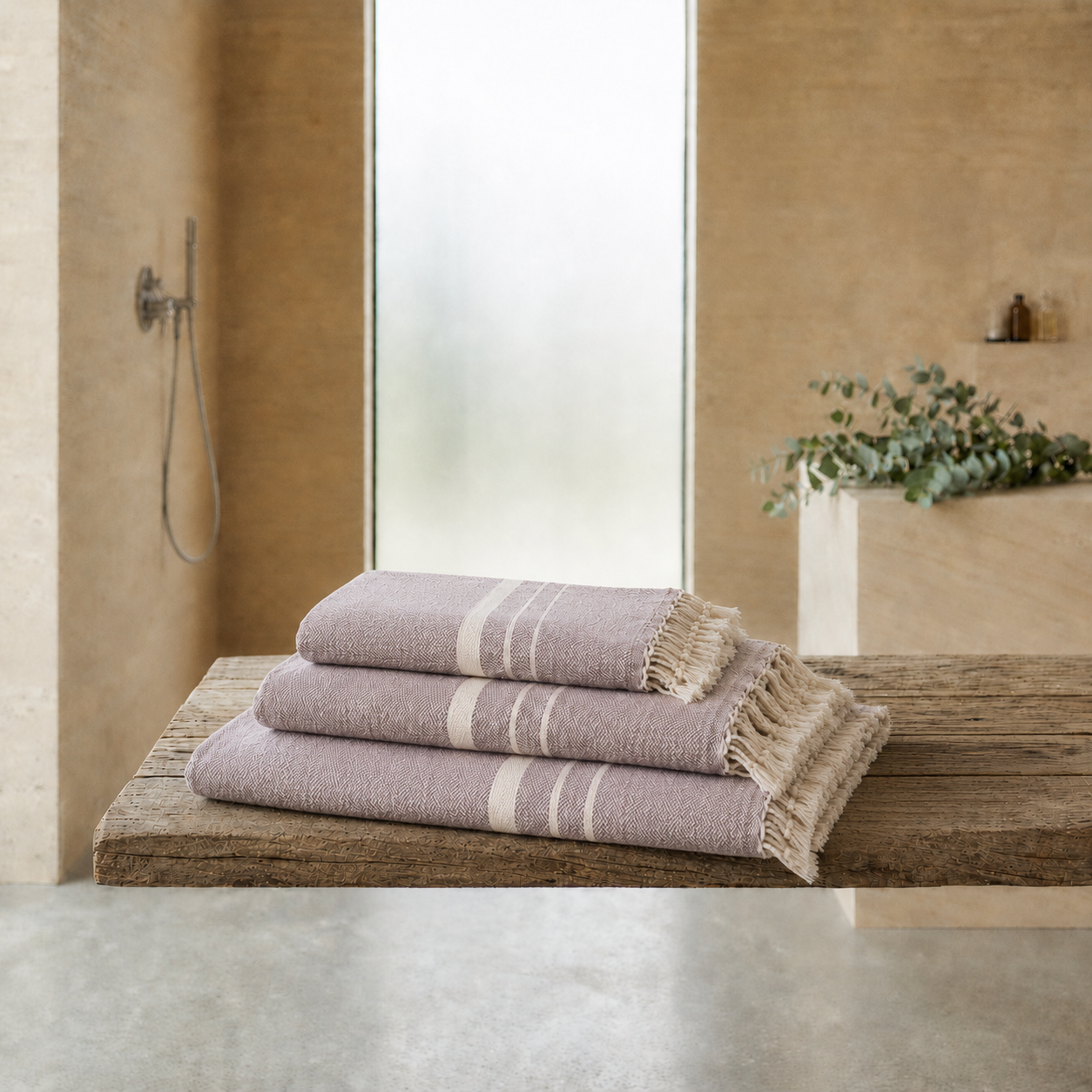 Drei hochwertig gerollte Ecobain Hamamtücher in einem minimalistischen Bad-Setting, präsentiert auf einem modernen Stein-Tablett. Das Bild visualisiert die platzsparende Eleganz der 'New Classic' Serie: Ein ultraleichtes, schnelltrocknendes Saunatuch, das durch seine hohe Saugfähigkeit aus gekämmter Baumwolle überzeugt. Die stilvolle Anordnung unterstreicht das Premium-Ambiente für dein Home-Spa. Eine nachhaltige, plastikfreie und platzsparende Alternative zu voluminösen Frottee-Tüchern, die Funktionalität 