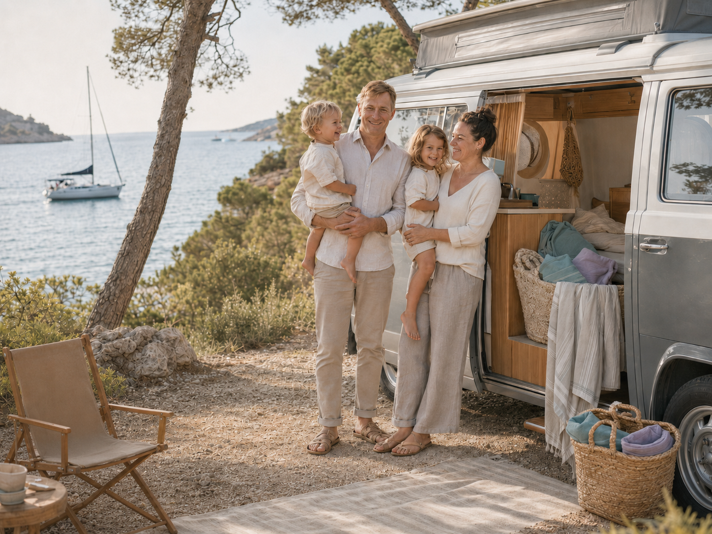 Ein vollgepackter Familien-Bulli mit schweren Badetaschen vor einem Ausflug. Das Bild visualisiert den Ursprung von Ecobain: Die Suche nach einer smarten Lösung für überfülltes Reisegepäck. Unsere ressourcenschonenden Hamamtücher sind die platzsparende, plastikfreie Alternative zu schwerem Frottee. Sie trocknen in Rekordzeit und bringen pure Leichtigkeit in dein Vanlife und den Alltag. Für unbeschwerte Momente.