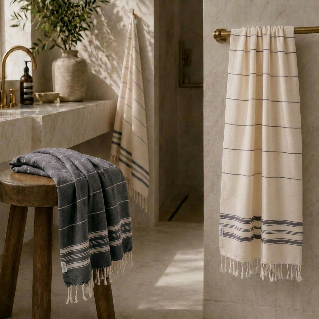 Modernes Badezimmer Upgrade: Das Ecobain Better Together Pack in elegantem Grau. Zwei gefaltete Hamamtücher der Liberty Series, unifarben und gestreift. Aus 100 Prozent gekämmter Baumwolle gefertigt, ist dieses ressourcenschonende Handtuch Set die platzsparende, plastikfreie Alternative zu Frottee. Perfekt für ein minimalistisches Home Spa, das pure Leichtigkeit und eine schnelle Trocknung bietet. Ideal als stilvolles Geschenk.
