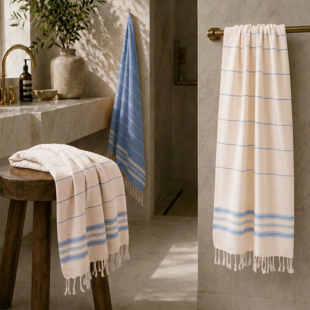 Leichtes Reisegepäck für zwei: Das Ecobain Better Together Pack in erfrischendem Mittelblau. Das Set aus zwei Hamamtüchern der Liberty Series vereint ein gestreiftes und ein unifarbenes Design. Die smarte, plastikfreie Alternative zu schwerem Frottee aus 100 Prozent Naturfasern spart massiv Platz im Rucksack oder der Badetasche. Extrem saugstark und schnelltrocknend. Pure Leichtigkeit für Strand, Sauna und deine schönsten Erlebnisse.