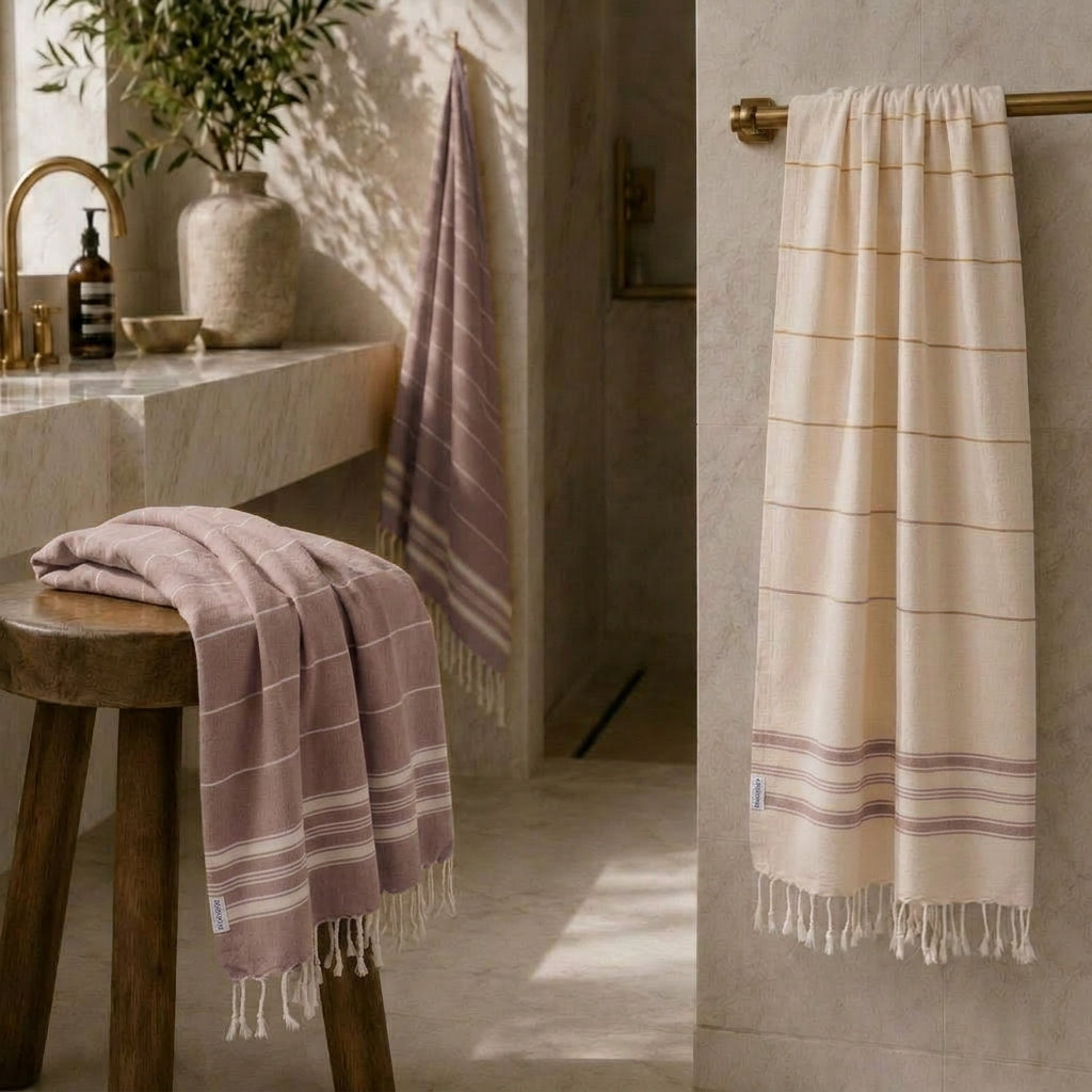 Natürliche Wohnästhetik: Das Ecobain Handtuch Set in erdigem Taupe. Zwei stilvoll gefaltete Hamamtücher aus unserer Liberty Series ergänzen sich perfekt in Muster und Farbe. Die ressourcenschonende Herstellung aus 100 Prozent gekämmter Baumwolle garantiert ein absolut reines Hautgefühl. Tausche voluminöse Frotteeberge gegen dieses platzsparende, plastikfreie Set. Ein harmonisches Duo für dein tägliches Baderitual.