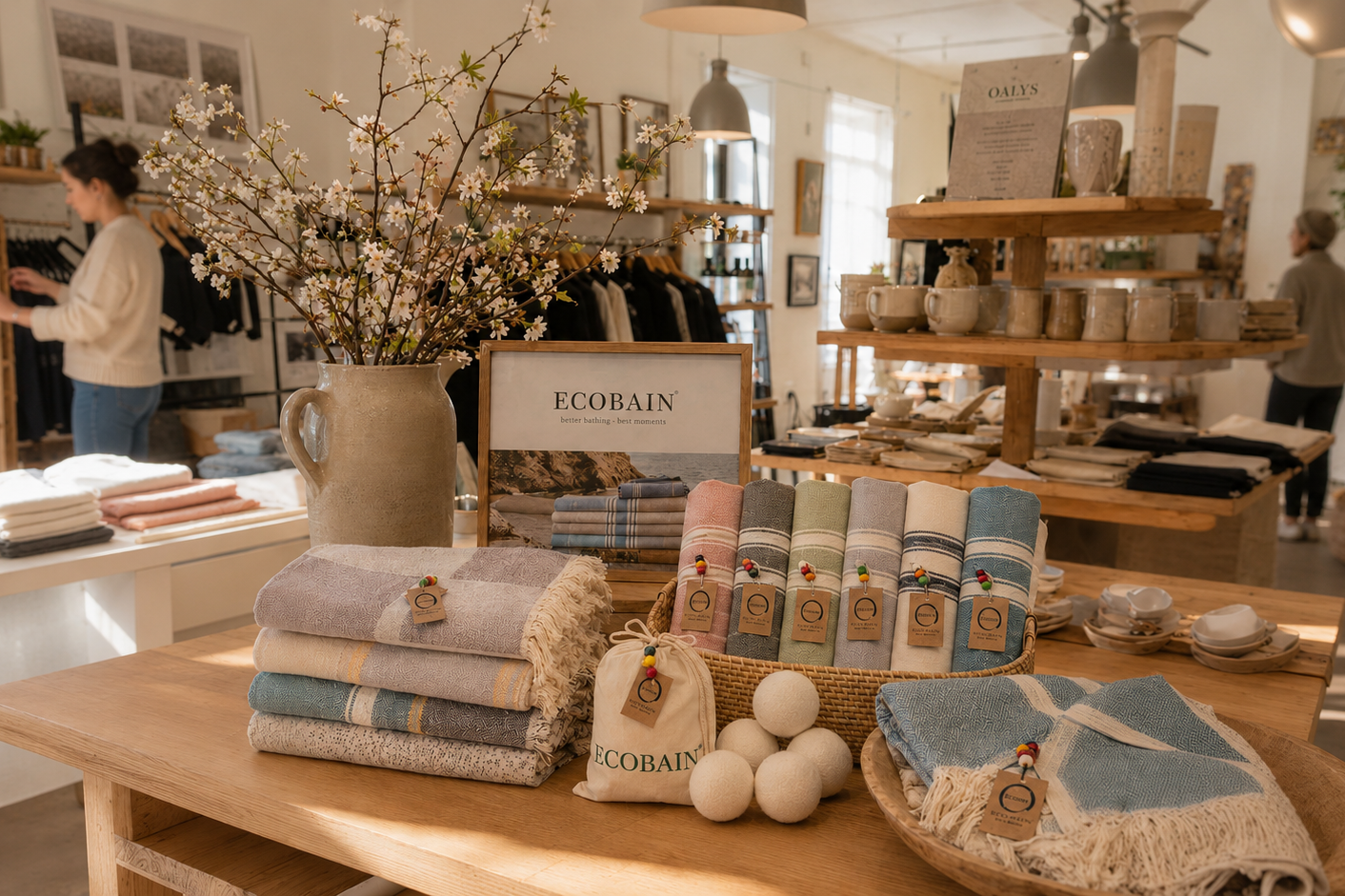 Innenansicht eines Concept Stores. Die exklusive Präsentation der hochwertigen Ecobain Textilien in einem kuratierten und stilvollen Ambiente. Hier wird unsere smarte und plastikfreie Badekultur physisch erlebbar. Entdecke Premium Handtücher aus gekämmter Baumwolle, die traditionelle Webkunst mit fortschrittlicher Textilperformance vereinen. Der perfekte Ort für Ästhetik, nachhaltigen Lifestyle und pure Wellness.