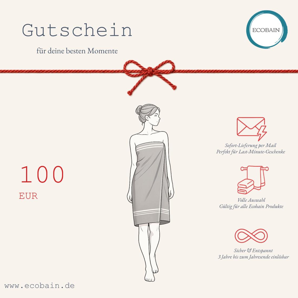 Ecobain Wertgutschein über 100 Euro für exklusive Badekultur, Premium Handtuch Sets und Strandtücher. SEO optimierte Gutschein Infografik für den Shopify Shop mit stilisierter Illustration, rotem Band und den rechtlichen Einlösebedingungen.