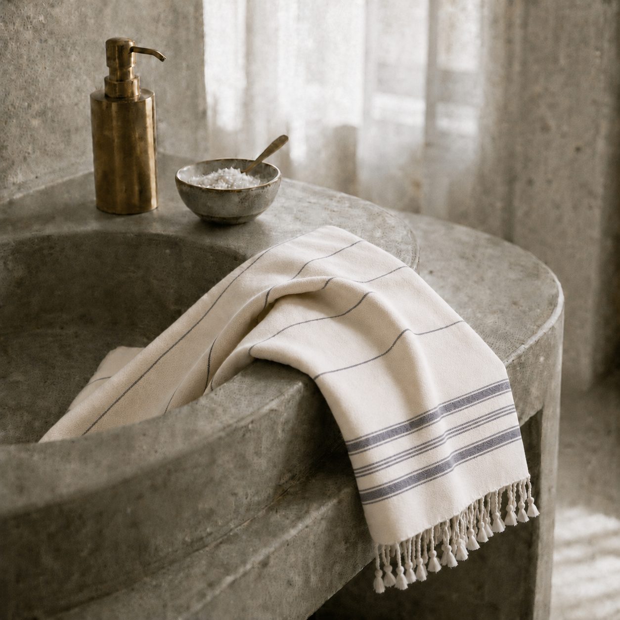Ein stilvoll aufgehängtes Ecobain Hamamtuch der Liberty Series im Design 'New Classic'. Die tiefe Farbnuance 'After Dark' unterstreicht die minimalistische Ästhetik in einem modernen Badezimmer. Aus hochwertiger, gekämmter Baumwolle gefertigt, trocknet das ressourcenschonende Tuch durch seine smarte Webart extrem schnell und ist besonders saugstark. Eine platzsparende und plastikfreie Alternative zu schwerem Frottee, die ein absolut natürliches Hautgefühl und pure Eleganz für dein tägliches Home-Spa vereint