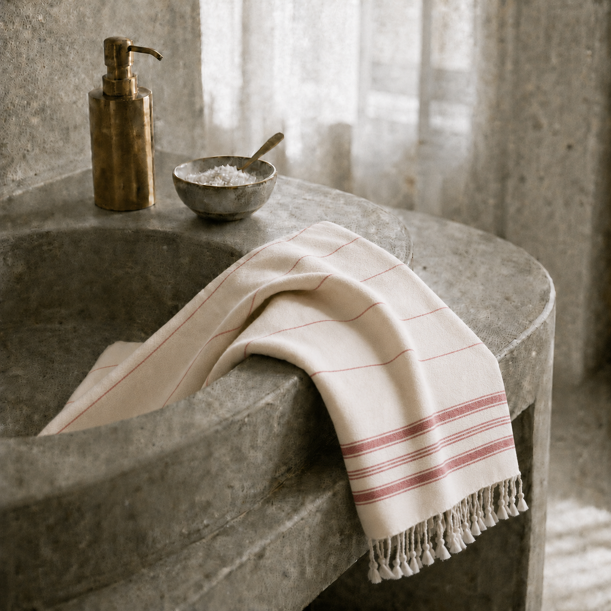 Ein ordentlich gerolltes Ecobain Hamamtuch der 'Liberty Series New Classic' im leuchtenden Farbton 'Autumn Spark' (Rostrot und Ecru) liegt in einem sauberen, weißen Keramik-Waschbecken. Diese Nahaufnahme betont die feine, luftige Waffelstruktur aus 100% langstapeliger, gekämmter Baumwolle und die traditionellen Fransen. Die Platzierung im Waschbecken visualisiert eindrucksvoll die kompakte Leichtigkeit des Tuchs im Vergleich zu herkömmlichem, voluminösem Frottee und zeigt, wie wenig Raum es in der Wäsche be