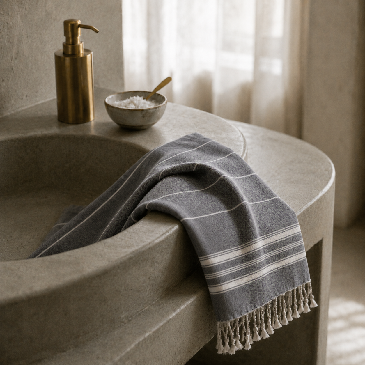 Kraftvolle Ästhetik für Alltag und aktive Auszeiten. Ein modernes Badezimmer zeigt das Ecobain Hamamtuch der Liberty Series im tiefen Anthrazitton 'Storm Cloud' (Design 'New Classic'). Aus 100 % gekämmter Baumwolle gewebt, vereint dieses ressourcenschonende Textil pure Leichtigkeit mit extremer Saugkraft. Die schnelltrocknende, plastikfreie Alternative zu schwerem Frottee spart massiv Platz in Badetasche und Waschmaschine. Dein smartes Upgrade für ein absolut reines Hautgefühl.