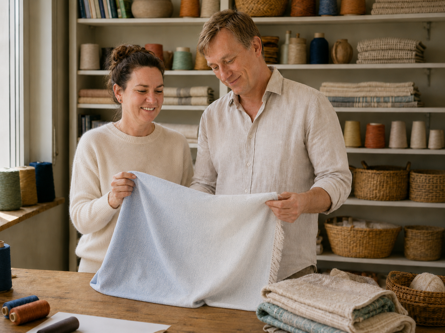 Die Ecobain Gründer Anna und Sebastian präsentieren stolz ihre ressourcenschonenden Handtücher in einem modernen, hellen Badezimmer. Das Bild vermittelt die authentische Leidenschaft hinter der Marke und zeigt die hochwertig gewebten Textilien aus gekämmter Baumwolle im direkten Einsatz. Als plastikfreie und smarte Alternative zu schwerem Frottee stehen diese Tücher für ein natürliches Hautgefühl und kompromisslose Premium-Qualität für dein tägliches Home-Spa Erlebnis.