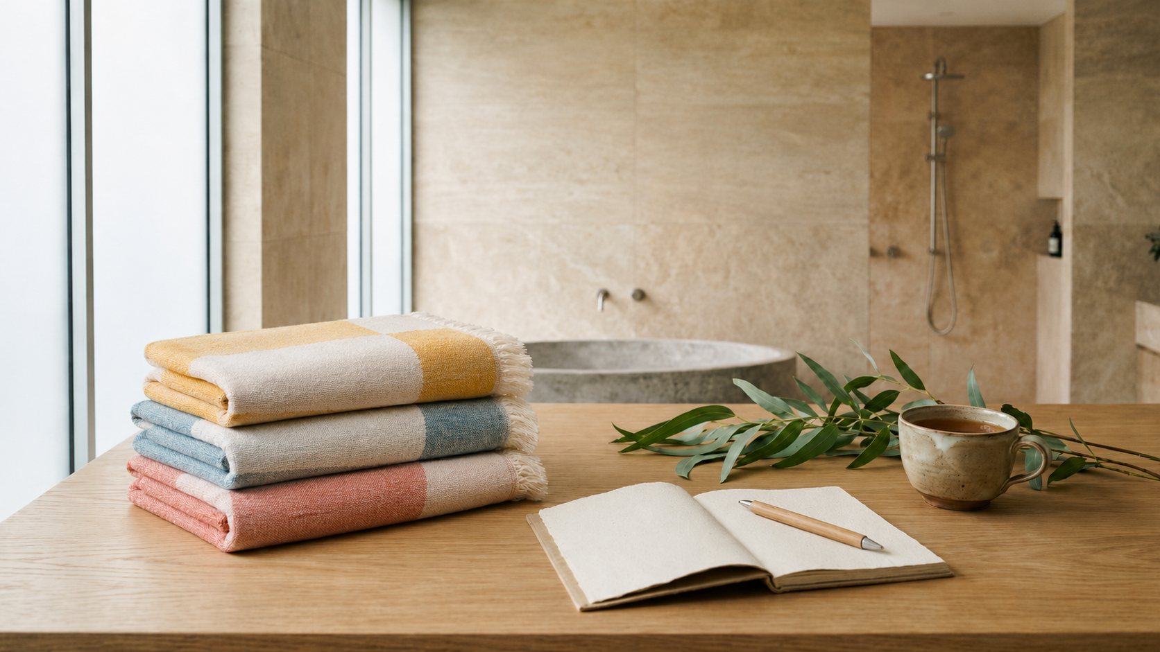 Dein direkter Draht zu Ecobain. Ein perfekt gefalteter Stapel unserer Hamamtücher der Liberty Series im geometrischen Design Optique. Unser Kundenservice steht dir bei allen Fragen zu unserer platzsparenden, plastikfreien Alternative zu schwerem Frottee zur Seite. Ob Materialdetails zu 100 Prozent gekämmter Baumwolle, Pflegehinweise oder B2B Anfragen: Wir beraten dich gerne persönlich für deine unbeschwerten Momente.