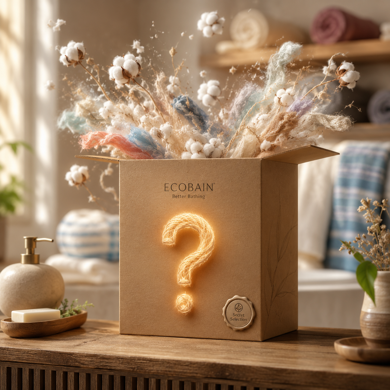 Ecobain Überraschungsbox im eleganten Wellness Badezimmer. Unsere nachhaltige Mystery Box aus der Secret Selection ist die ideale Überraschung, um echte Freude zu schenken. Aus dem stilvollen Karton mit leuchtendem Fragezeichen entfaltet sich eine sanfte Explosion aus weicher Baumwolle und edlen Textilfasern. Das perfekte Geschenkset für alle, die unsere smarte Badekultur und plastikfreie Handtücher entdecken möchten.