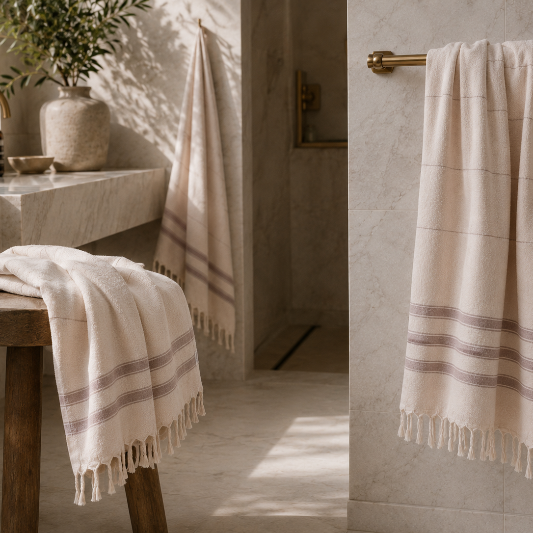 Luxuriöser Hotel-Standard für jedes Badezimmer. Stilvoll drapierte Ecobain Hamamtücher im Design 'Silent Shore' warten auf Wellness-Gäste. Gefertigt aus 100 % gekämmter Baumwolle, erfüllt diese smarte Alternative zu Frottee höchste Hygieneansprüche: Sie ist bis 60 Grad waschbar und absolut trocknergeeignet. Das ressourcenschonende, platzsparende Textil trocknet in Rekordzeit und bietet pure Leichtigkeit sowie ein absolut reines Hautgefühl.
